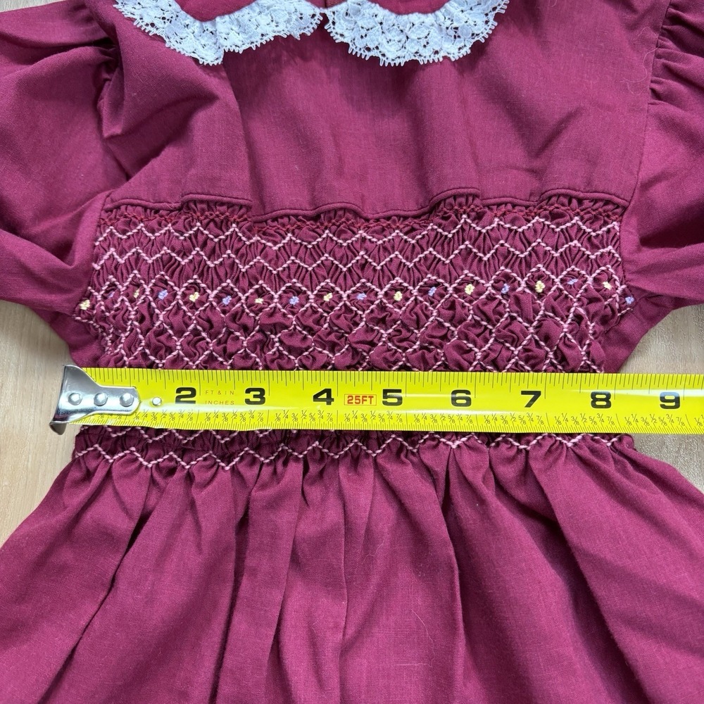 VTG Polly Flinders Hand Smocked Embroidered Long Sleeve Prairie Dress Maroon 10 - Picture 12 of 13